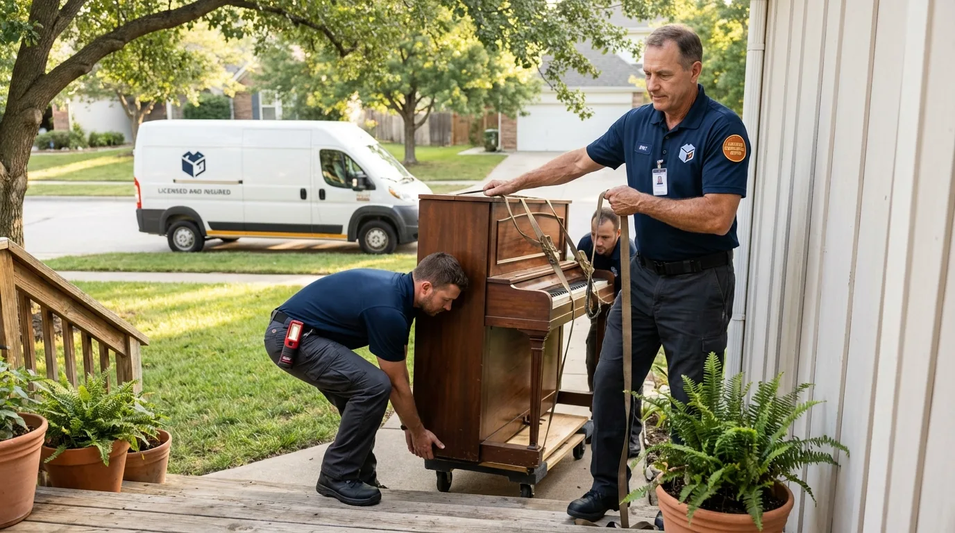 Licensed piano movers securing grand piano in Severance, CO