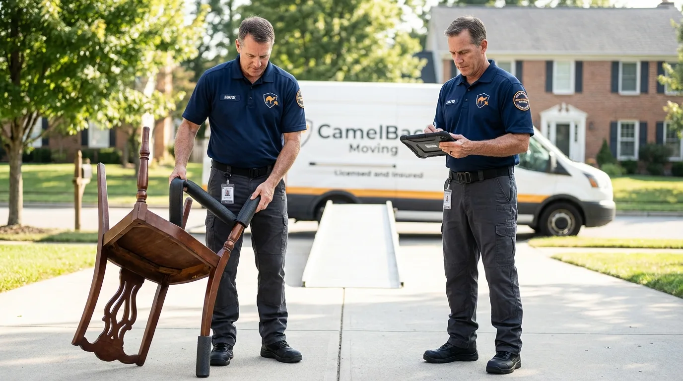 Movers inspecting furniture for damage prevention before loading in Severance, CO