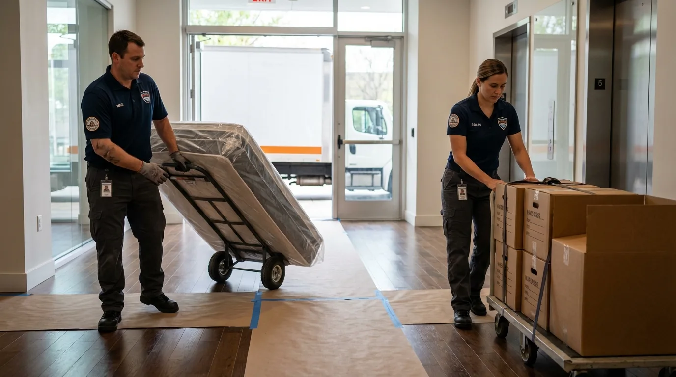 Professional apartment movers loading elevator in Severance, CO