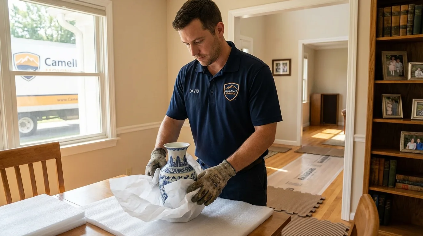 Professional crew carefully wrapping antique vase for senior downsizing move in Severance, CO